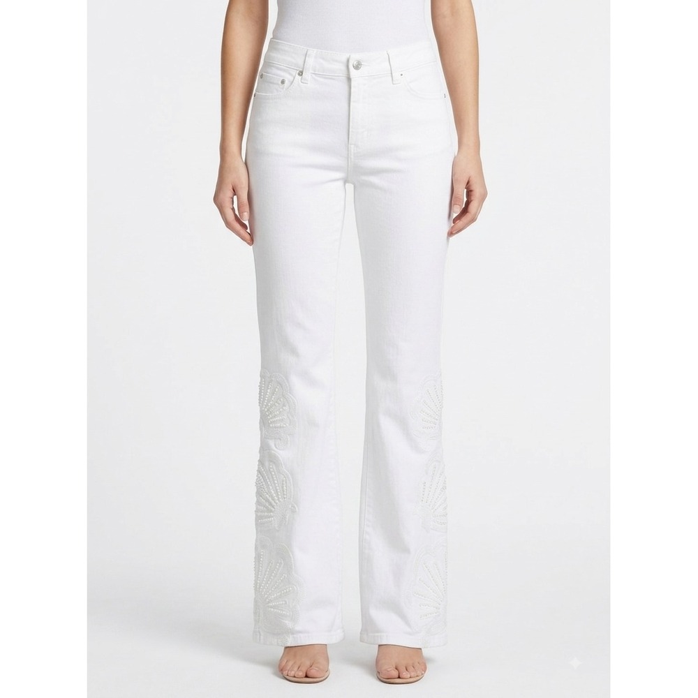 Lilly Pulitzer Flared Jeans 6P White Embellished Seashell Stretch Coastal Resort